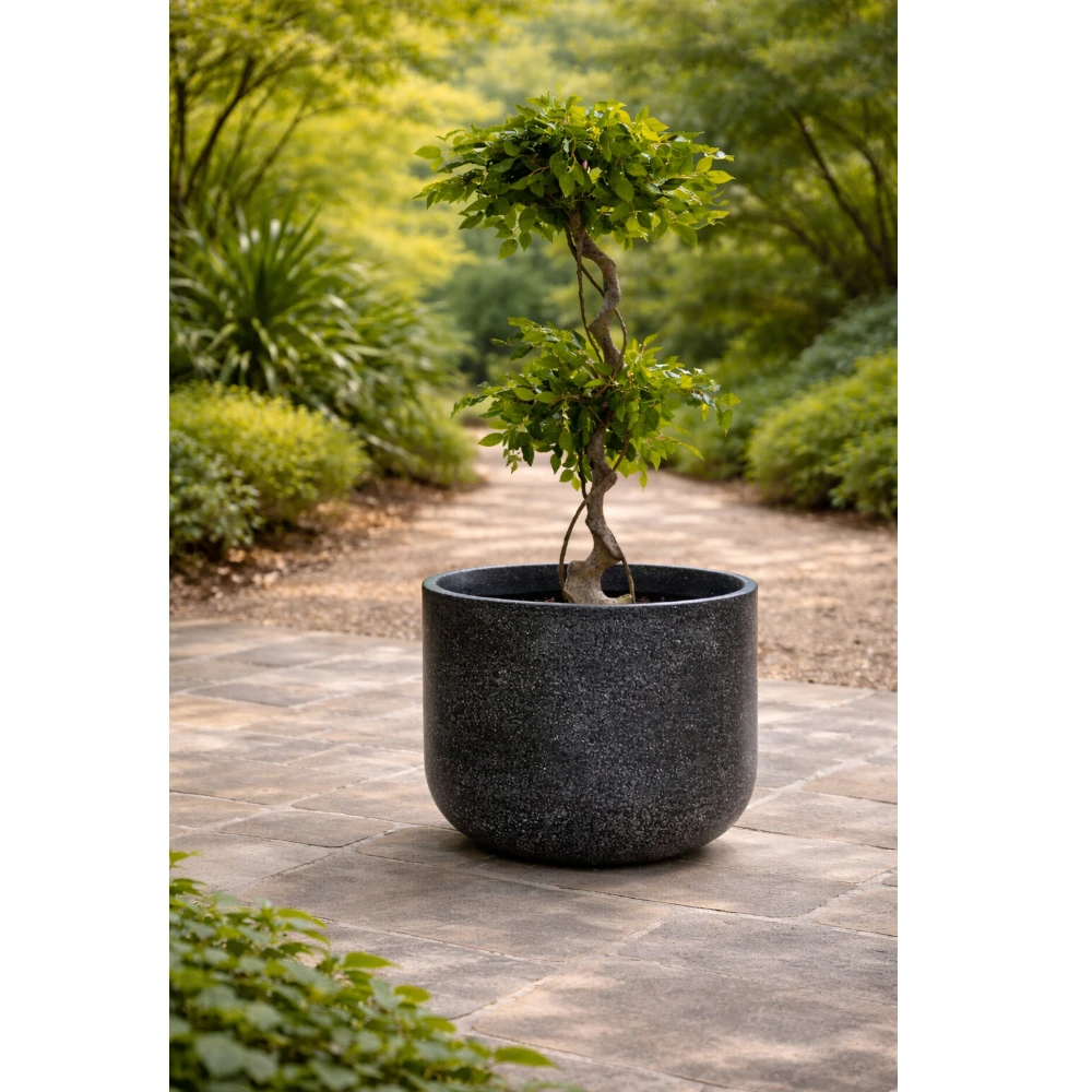 Granite Luxe Black Round Fiberglass Planter
