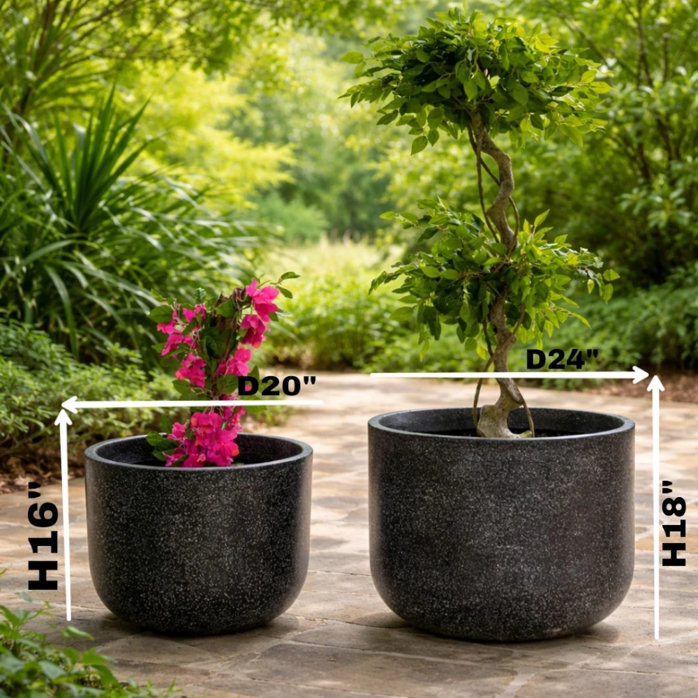 Granite Black Round Fiberglass Planter Set (D20” & D24”)
