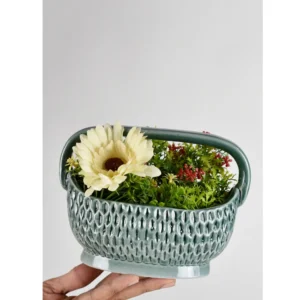 Sage Bloom Handled Ceramic Basket Planter