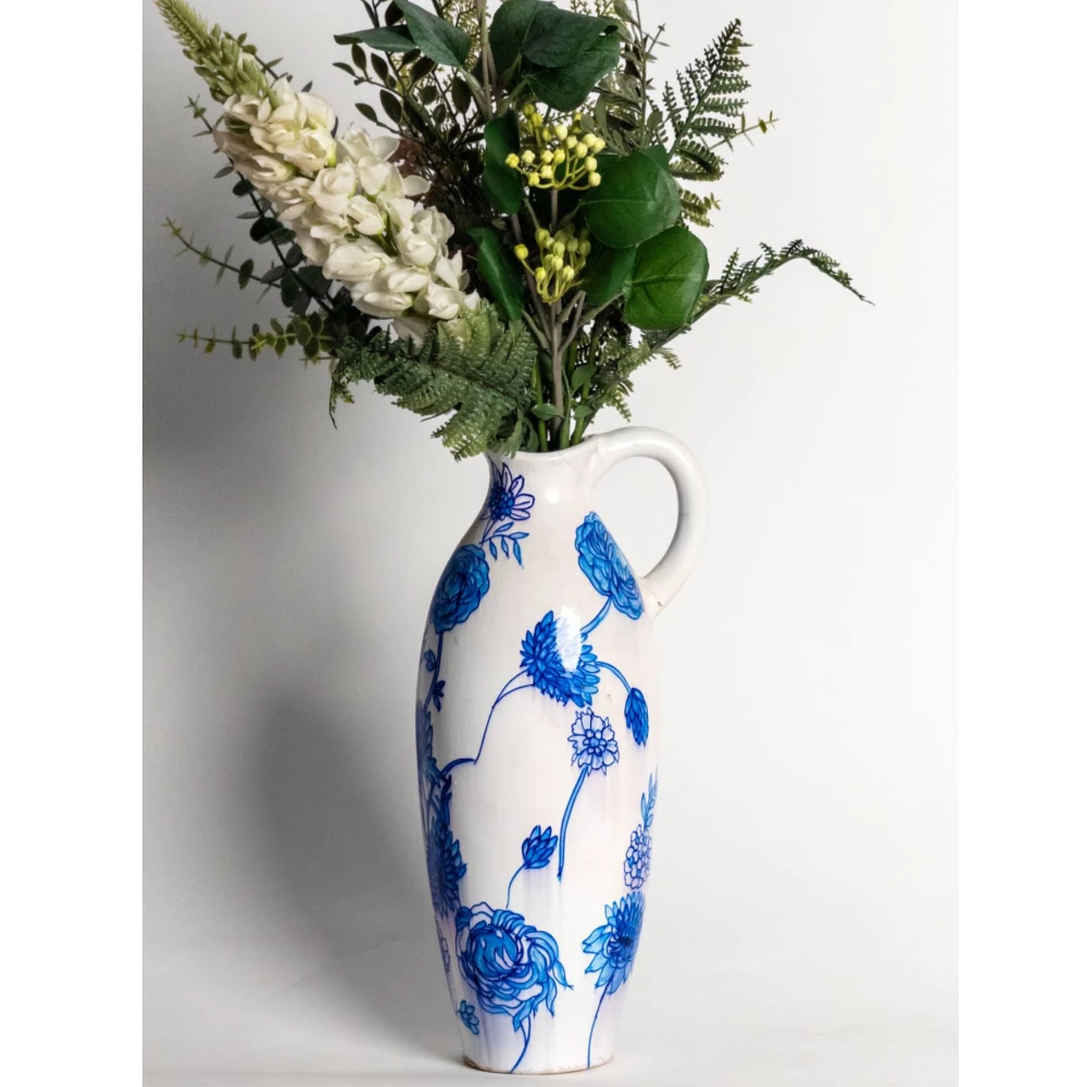 Royal Azure Floral Ceramic Pitcher Vase