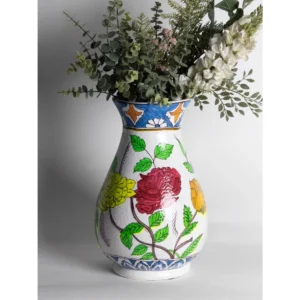 Handcrafted Floral Ceramic Vase with Decorative Blue Rim