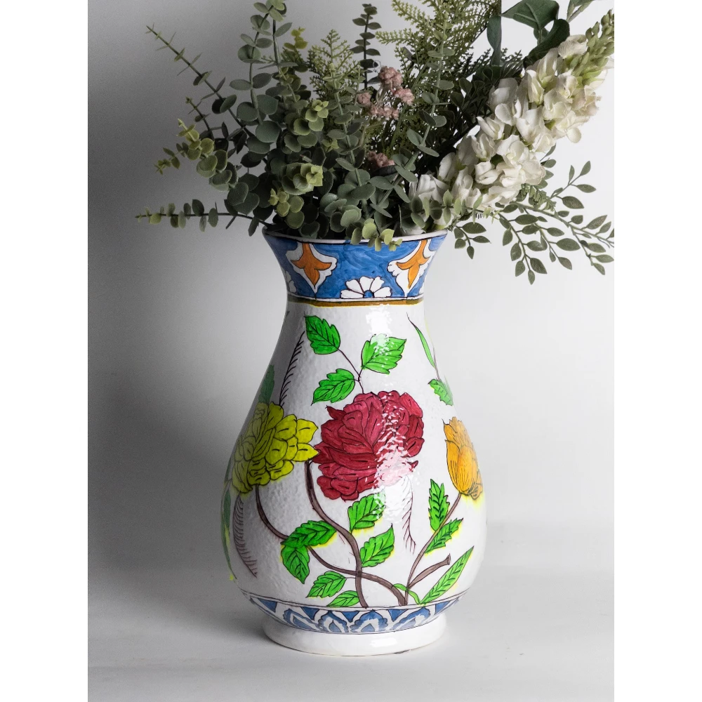 Handcrafted Floral Ceramic Vase with Decorative Blue Rim