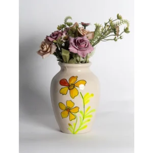 Handcrafted Cream Ceramic Vase with Hand-Painted Yellow Floral Design