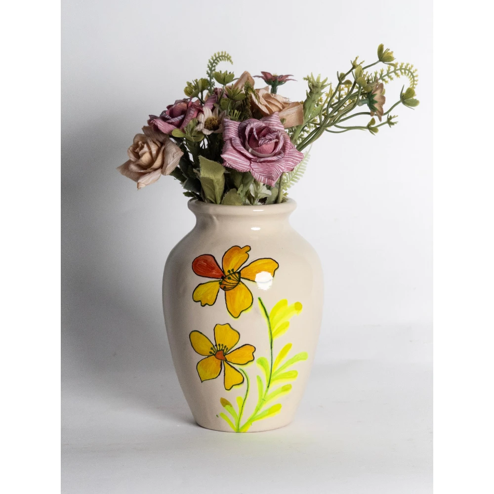 Handcrafted Cream Ceramic Vase with Hand-Painted Yellow Floral Design