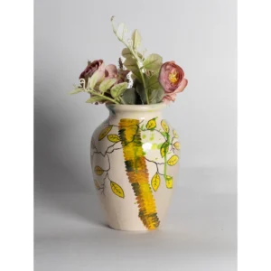 Handcrafted Cream Ceramic Vase with Hand-Painted Leaf & Botanical Design