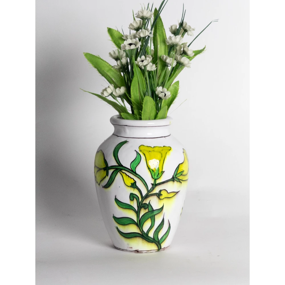 Handcrafted White Ceramic Floral Vase with Yellow Flower Design