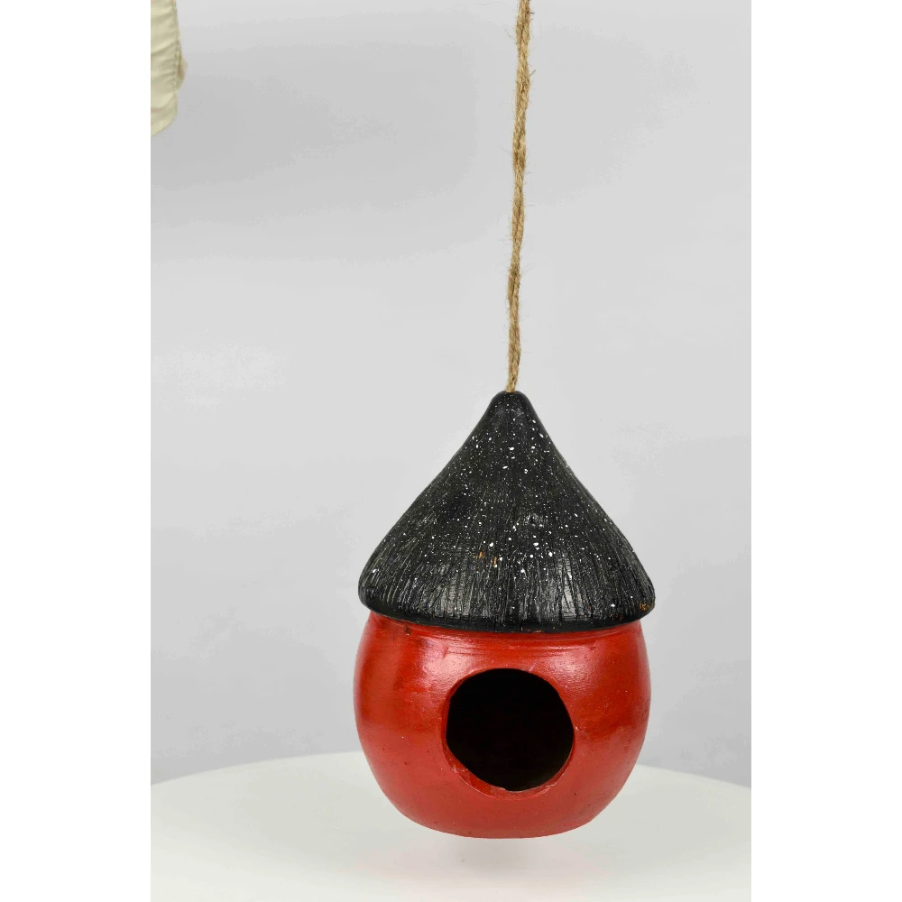 Handcrafted Hanging Mushroom Bird House – Red & Black Ceramic