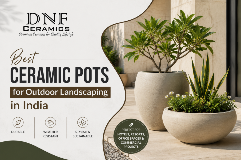 Premium ceramic outdoor pots and large decorative planters for landscaping gardens, villas, hotels, and commercial spaces in India.