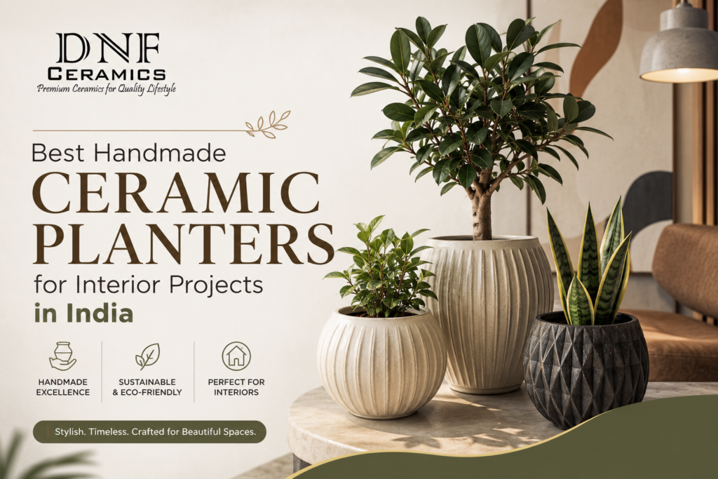 Handmade ceramic planters for interior design projects in India featuring premium glazed decorative pots for homes, offices, hotels, and commercial interiors.