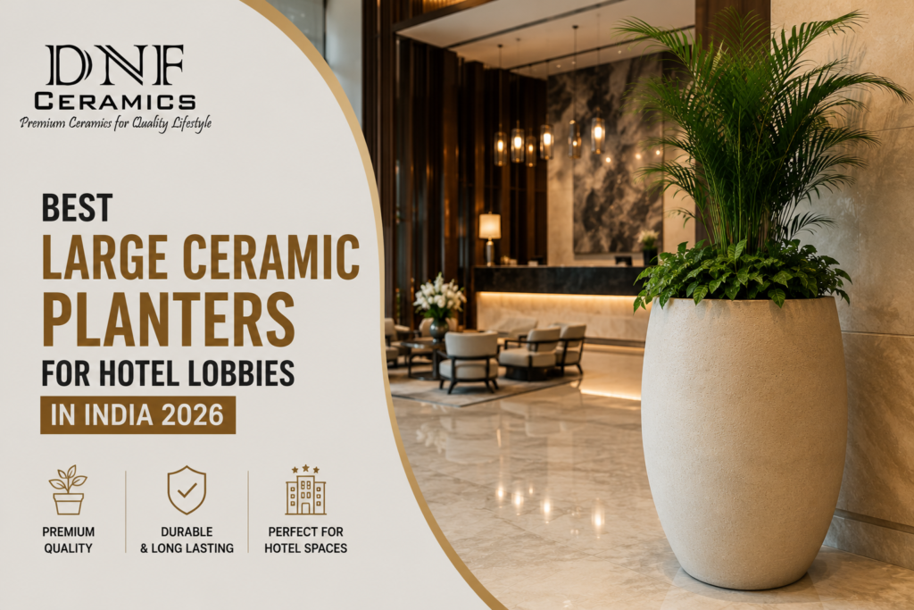 Large ceramic planters for luxury hotel lobbies in India featuring elegant glazed designs for reception areas, entrances, and hospitality interiors.