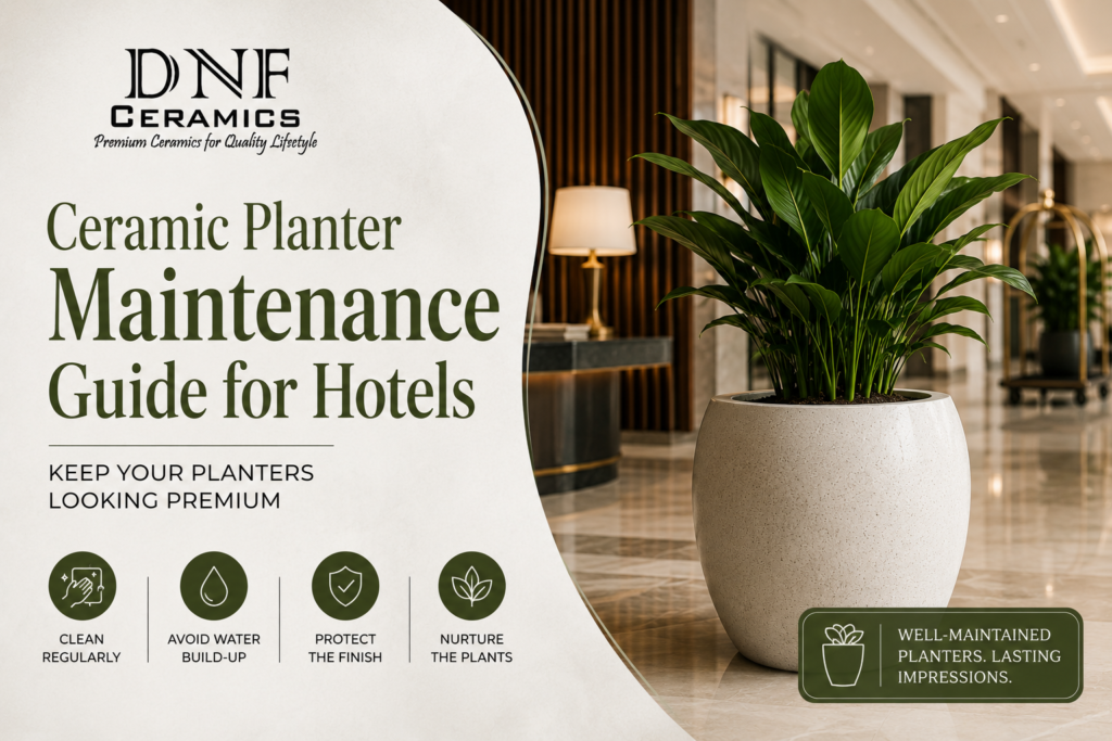 Ceramic planter maintenance guide for hotels showing premium ceramic pots being cleaned and maintained in luxury hospitality spaces.