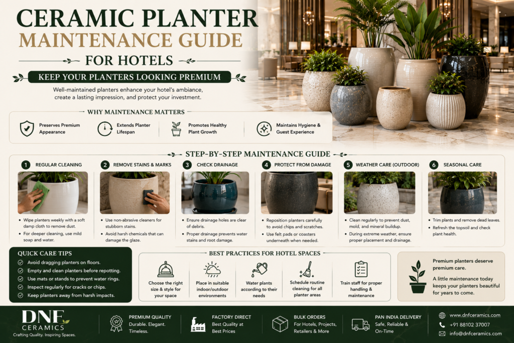 Ceramic planter maintenance guide for hotels with care tips for premium indoor and outdoor planters.