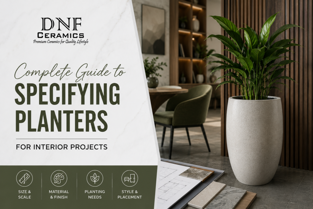 Interior project planter specification guide featuring ceramic, FRP, and decorative planters for offices, hotels, homes, and commercial spaces.