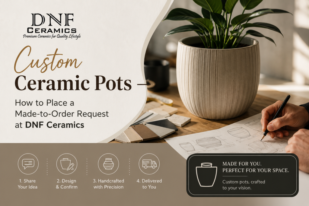 Custom ceramic pots made-to-order at DNF Ceramics with personalized designs, sizes, finishes, and handcrafted ceramic manufacturing.