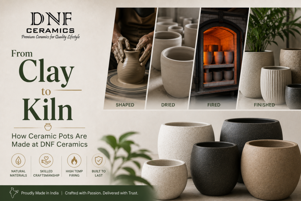 Ceramic pot manufacturing process at DNF Ceramics showing clay preparation, shaping, glazing, and kiln firing in Khurja.