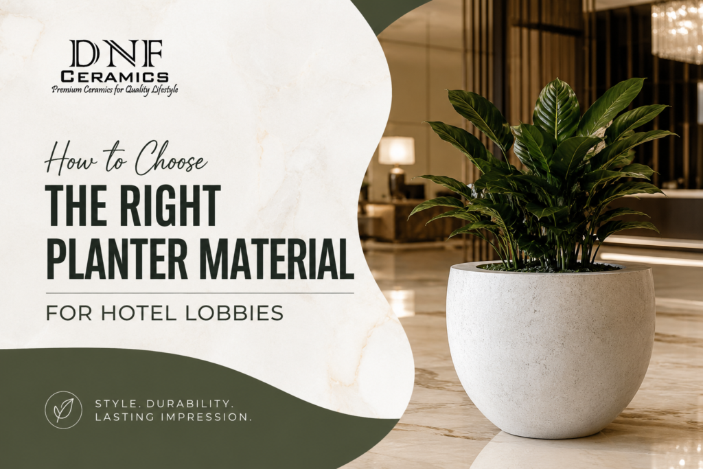 Choosing the right planter material for hotel lobbies with premium ceramic, FRP, fiberglass, and metal planters for luxury hospitality interiors.