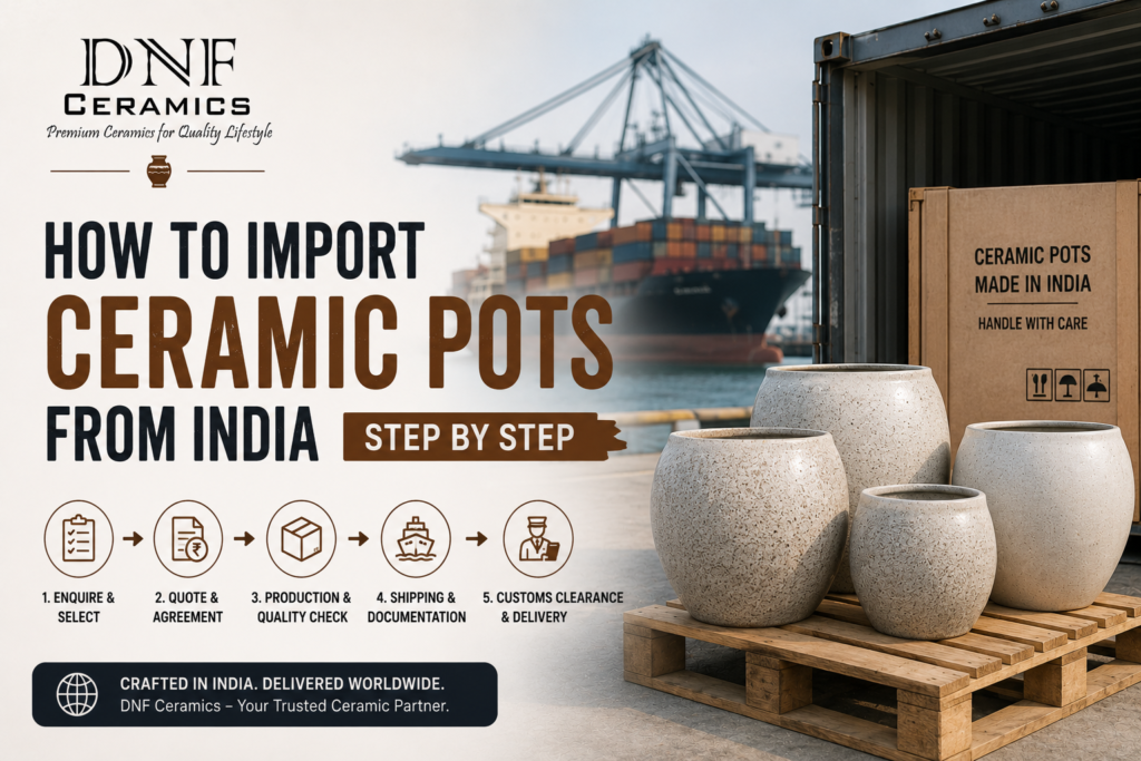 Importing ceramic pots from India showing packaged ceramic planters, export-ready products, and international shipping process.