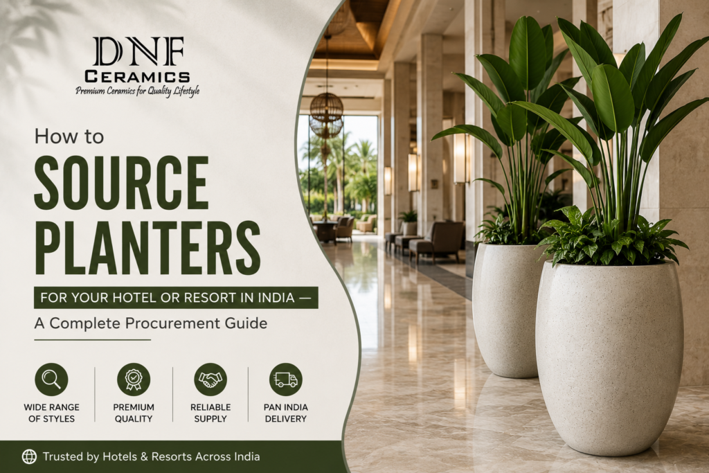 Hotel and resort planter procurement guide featuring premium ceramic, FRP, and large outdoor planters for hospitality landscaping projects in India.