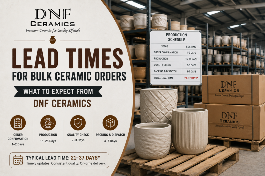 Bulk ceramic order production process at DNF Ceramics showing manufacturing, quality checks, packaging, and timely delivery preparation.