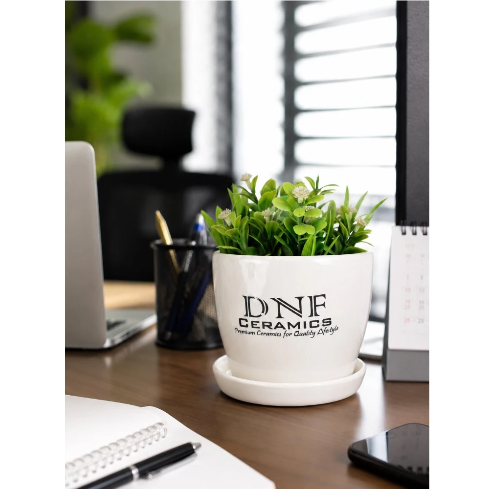 Classic Round Ceramic Desk Planter with Saucer