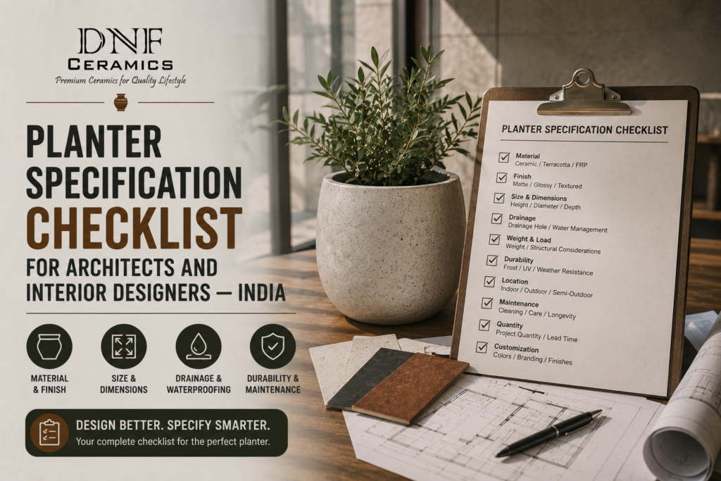 A complete planter specification checklist helping architects and interior designers select the right size, material, finish, and design for projects in India.