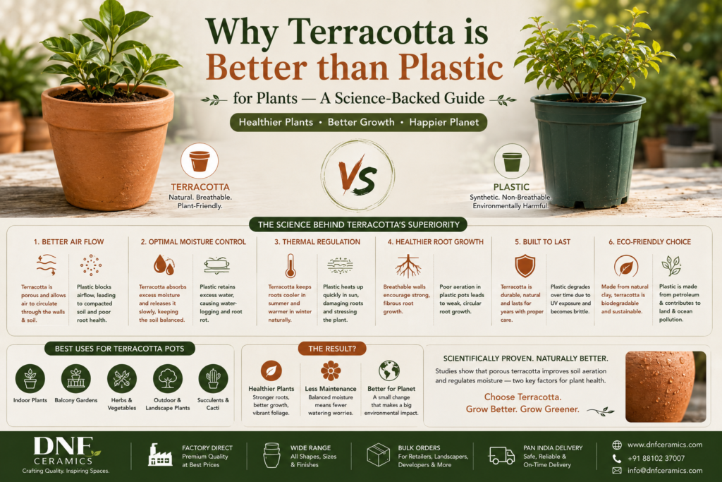 Terracotta vs ceramic pots comparison for wholesale buyers showing durability, design, and commercial applications.