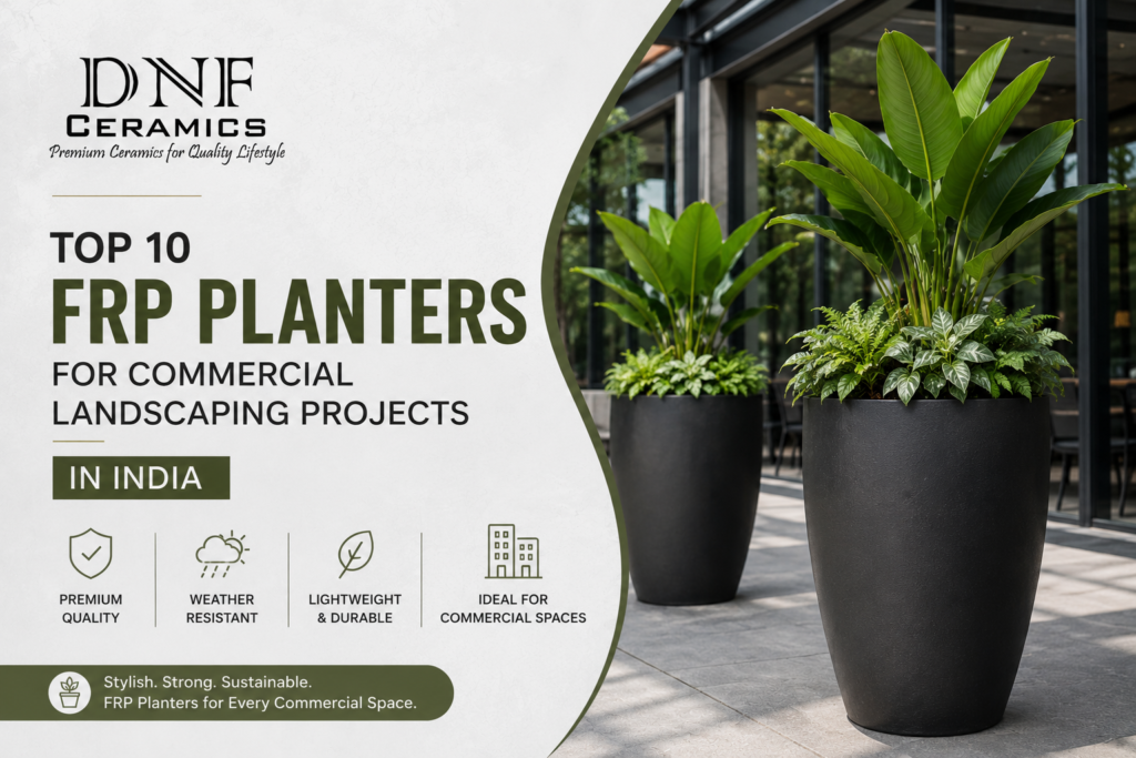 Top FRP planters for commercial landscaping projects in India featuring large fiberglass planters for hotels, offices, gardens, and outdoor spaces.
