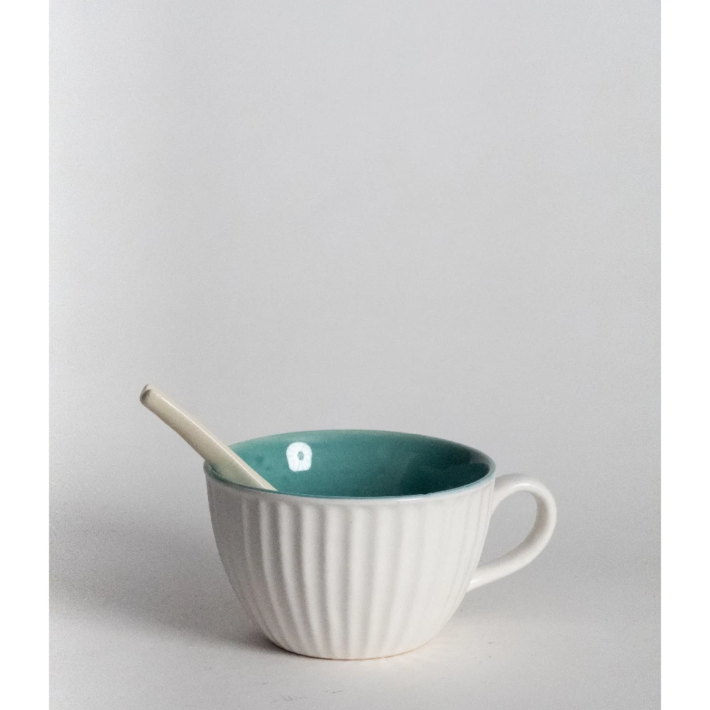 Aqua Ribbed Ceramic Soup Mug with Spoon