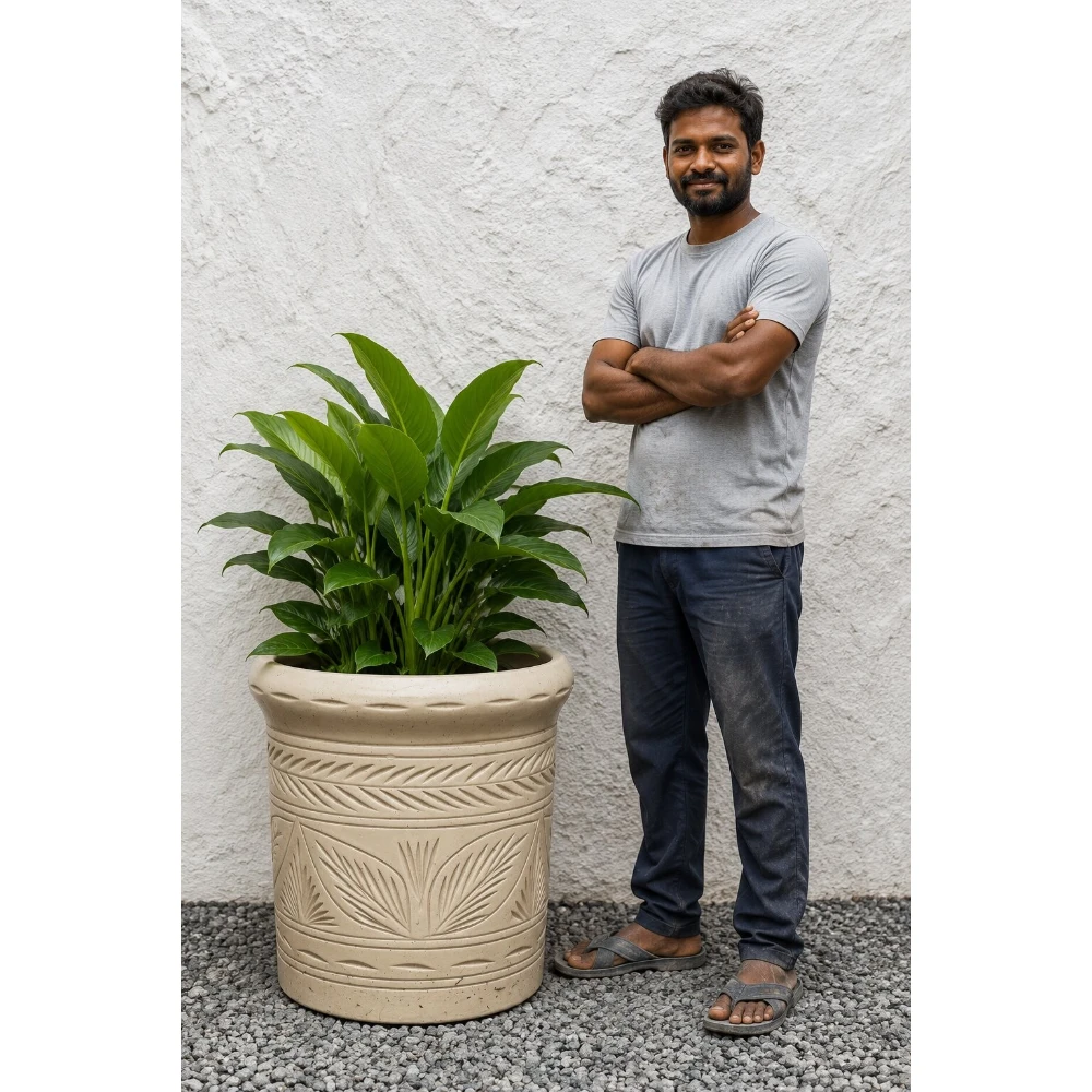 Ivory Palm Relief Ceramic Planter