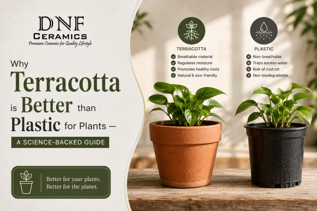 Terracotta pots compared with plastic pots showing natural clay planters for healthier plant growth and better moisture control.
