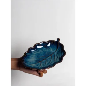 Handcrafted Blue Leaf-Shaped Reactive Glaze Ceramic Serving Plate