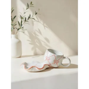 Handcrafted Ceramic Tea Cup & Floral Ripple Saucer Set