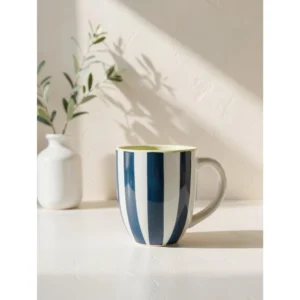 Hand-Painted Blue & White Vertical Stripe Ceramic Mug