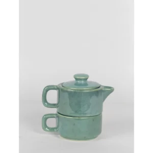 Handcrafted Mint Green Reactive Glaze Ceramic Teapot & Cup Set