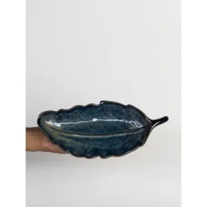 Blue Leaf-Shaped Ceramic Serving Platter with Stem Handle