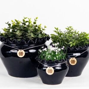 Glossy Black Ceramic Scalloped Planter Set