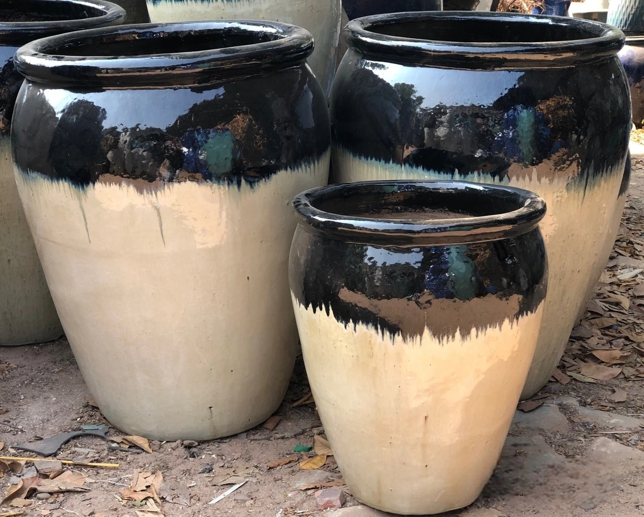 Handmade Glazed Ceramic Planters – Black & Beige Outdoor Pots
