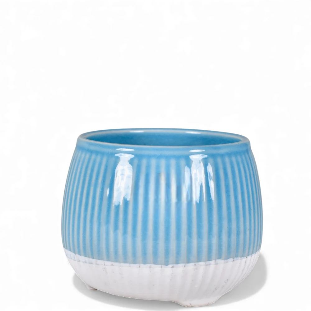 'Sky Blue Ribbed Ceramic Planter