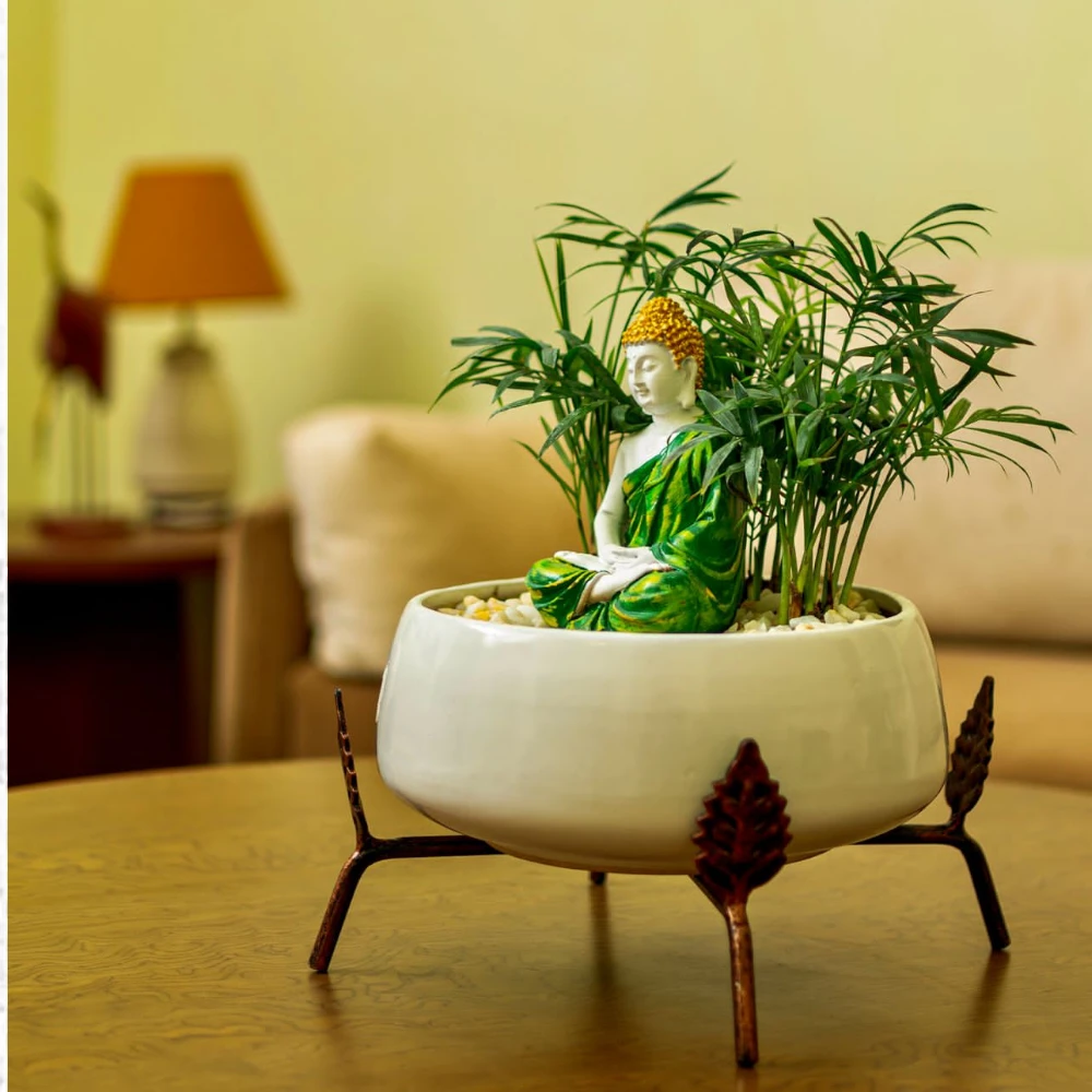 Buddha Serenity Ceramic Planter with Metal Stand