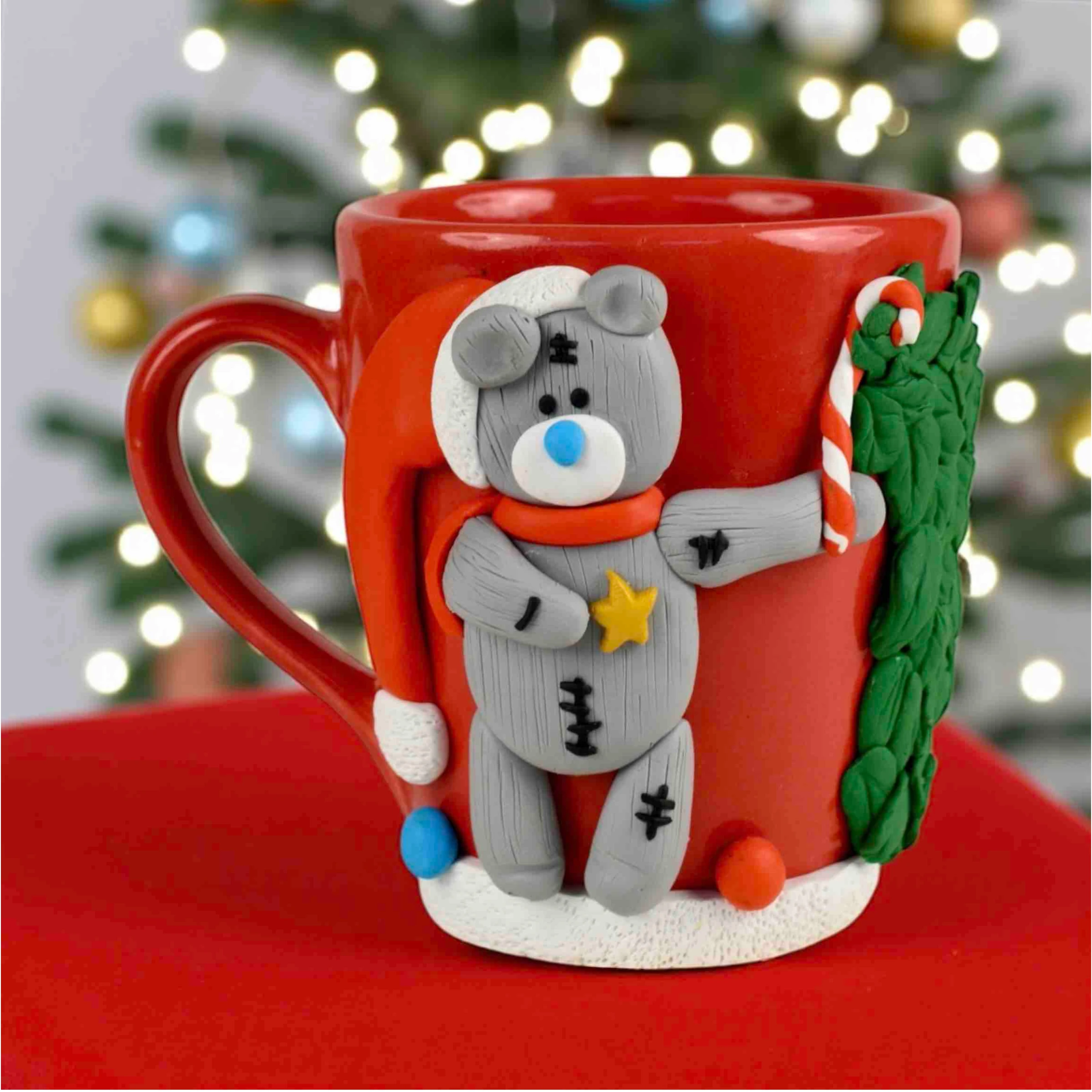 "Handcrafted Christmas Bear Mug – Red Ceramic Festive Collection