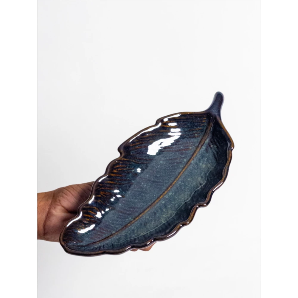 Leaf-Shaped Reactive Glaze Ceramic Serving Platter