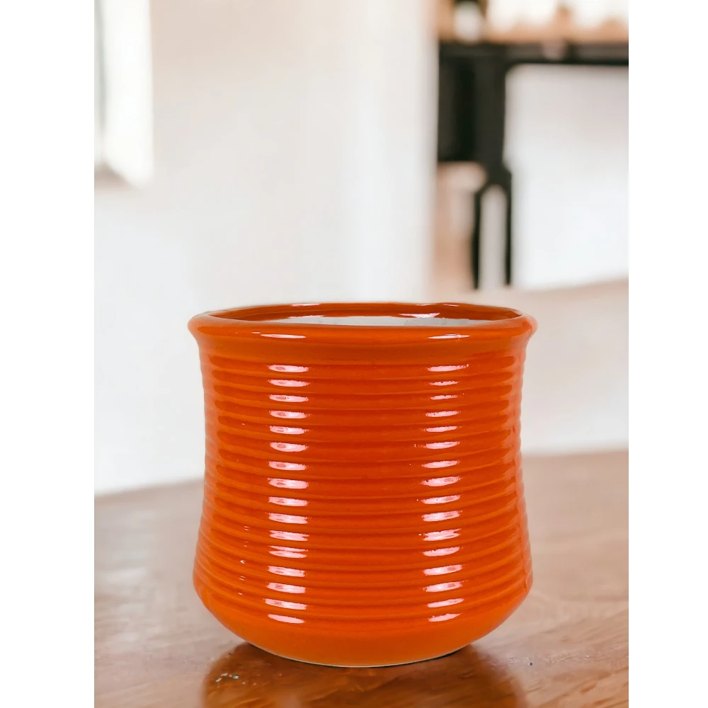 Orange Sunburst Ribbed Ceramic Planter