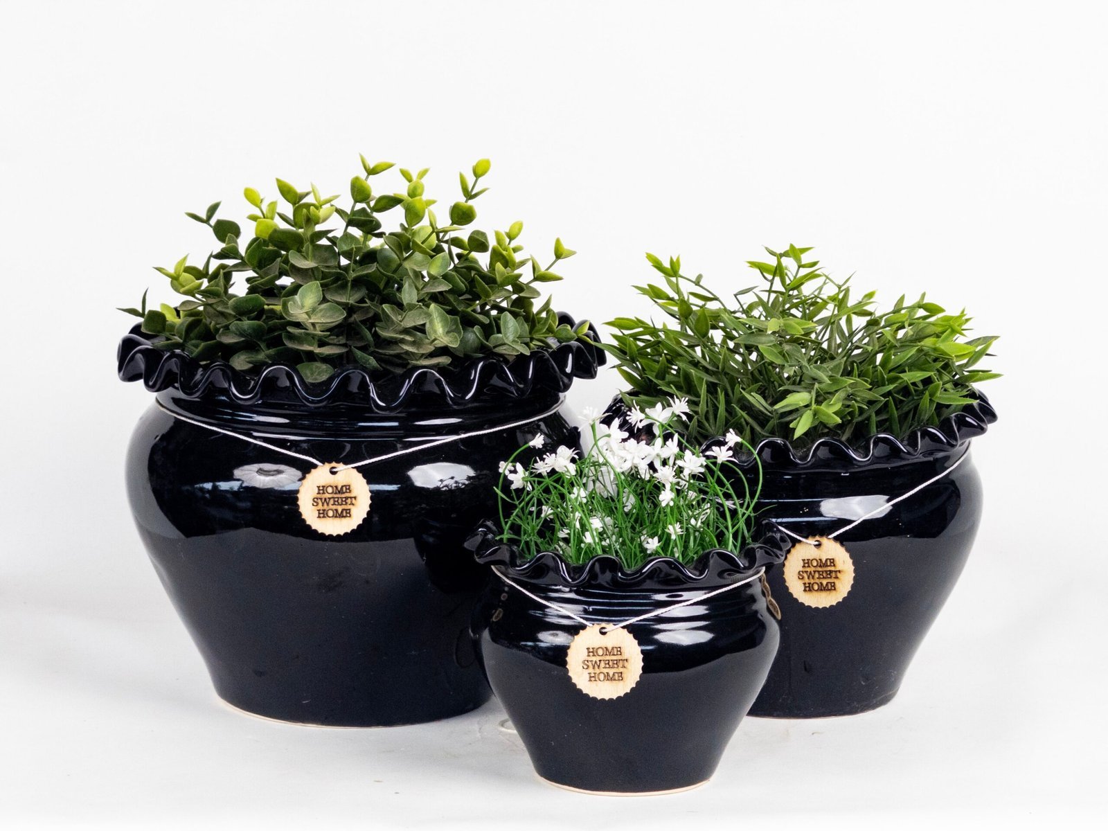 Glossy Black Ceramic Scalloped Planter Set
