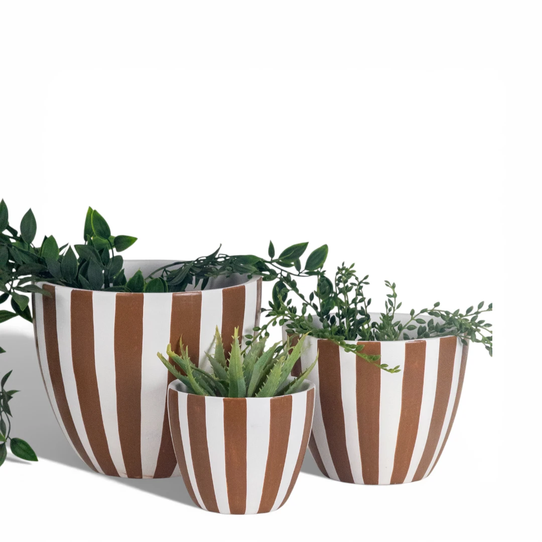Cocoa Stripe Ceramic Planter Set (Set of 3)
