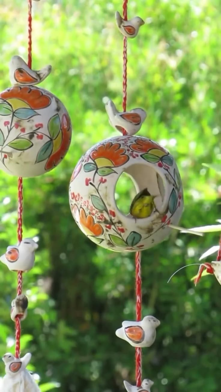 Hand-Painted Ceramic Birdhouse Hanging with Decorative Birds