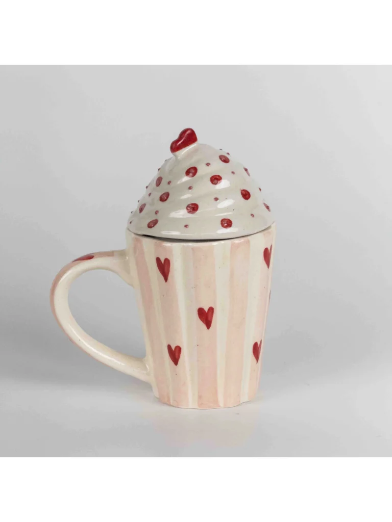 Pink Heart Ceramic Mug with Lid – Striped Design