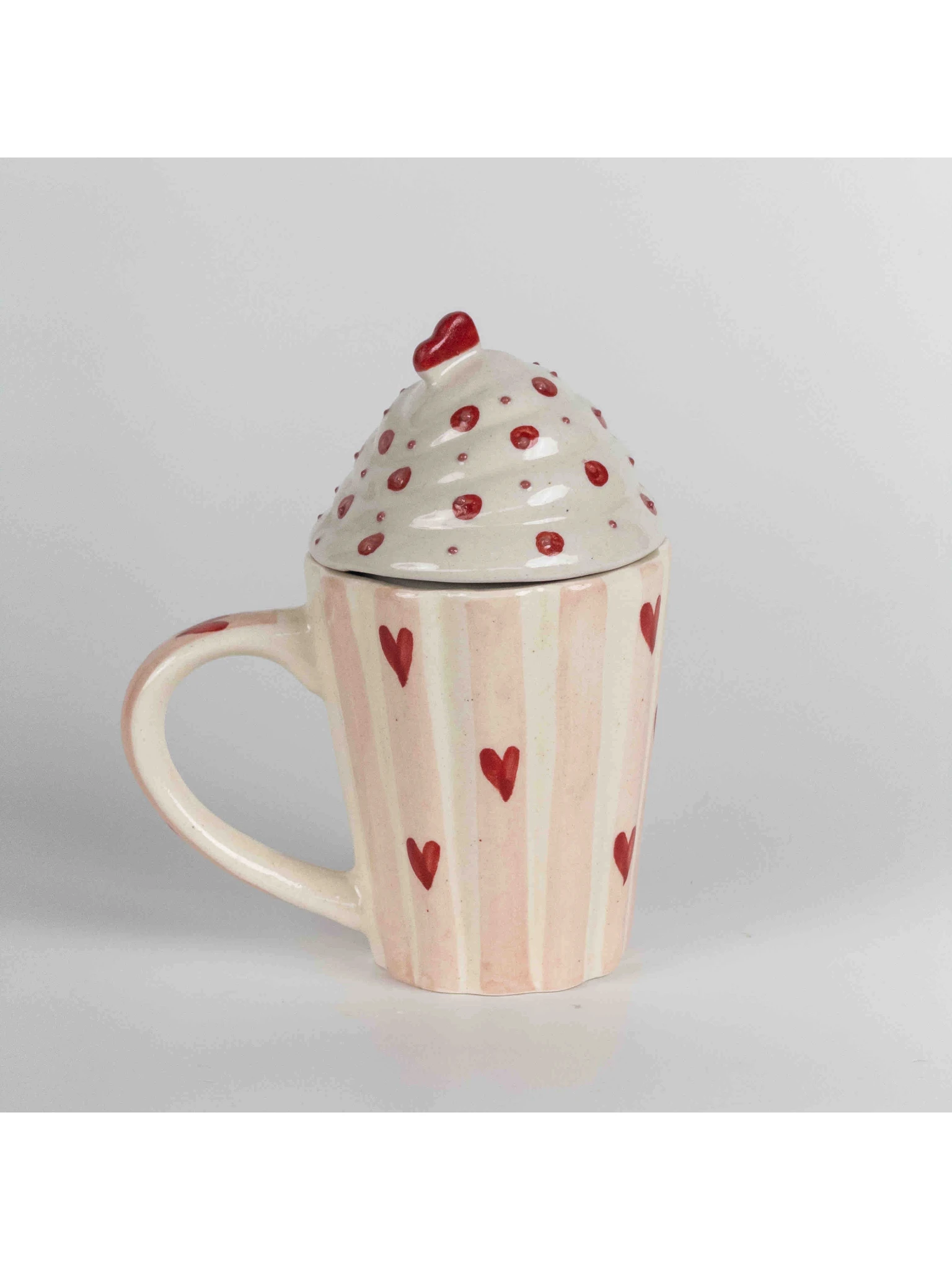 Pink Heart Ceramic Mug with Lid – Striped Design