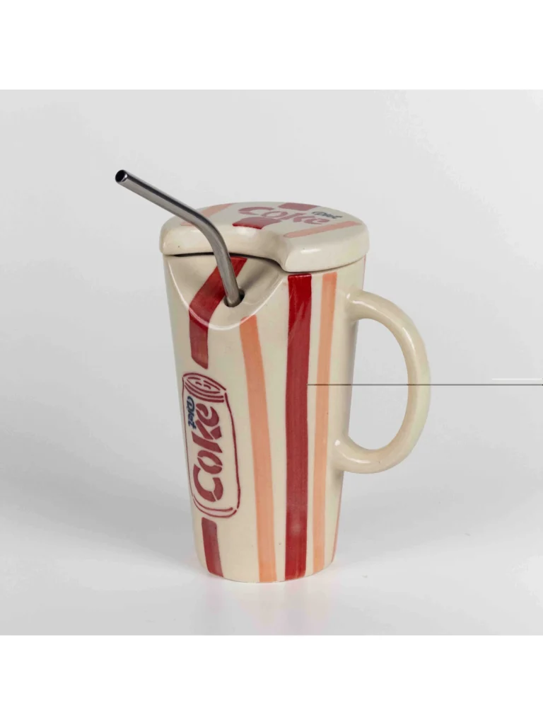Retro Cola Ceramic Mug with Lid and Stainless Steel Straw