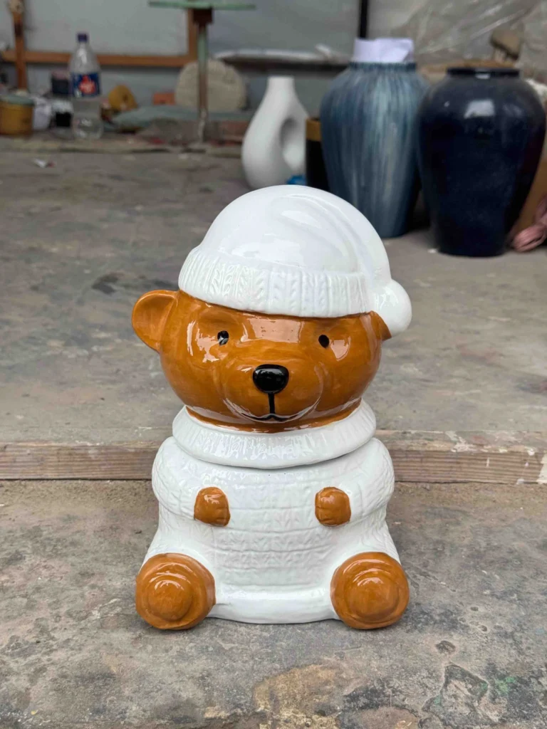 Santa Teddy Bear Ceramic Planter – White & Brown Glossy Finish