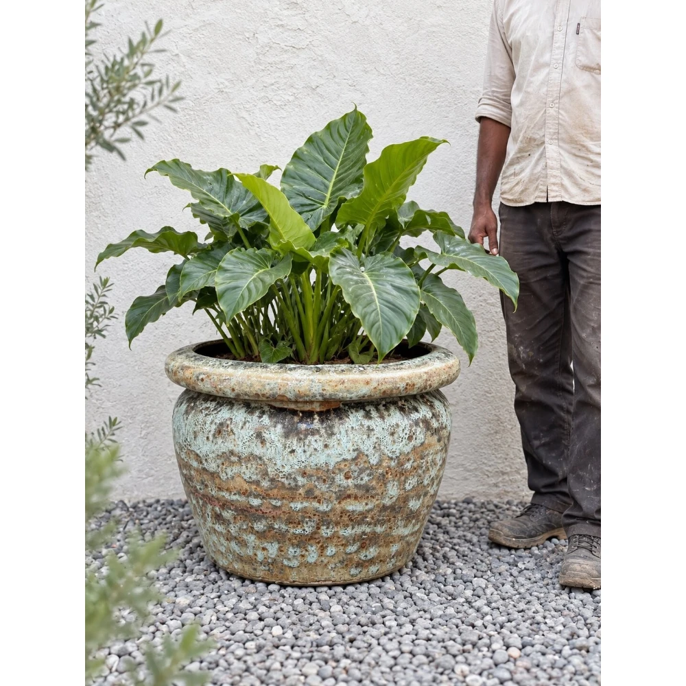 Antique Moss Glaze Ceramic Planter – Large Round Garden Pot